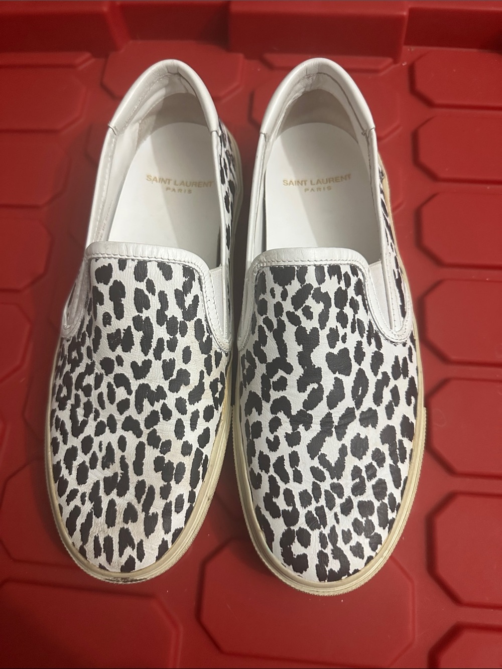 Saint Laurent White Slip-On Sneakers with Black Leopard Print